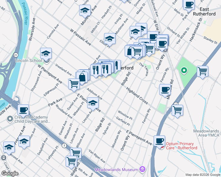 map of restaurants, bars, coffee shops, grocery stores, and more near 65 Lincoln Avenue in Rutherford