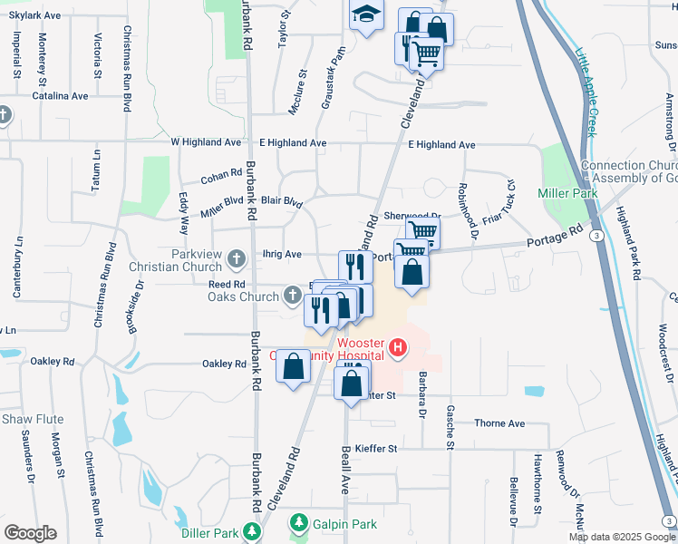 map of restaurants, bars, coffee shops, grocery stores, and more near 1922 Sherman Road in Wooster