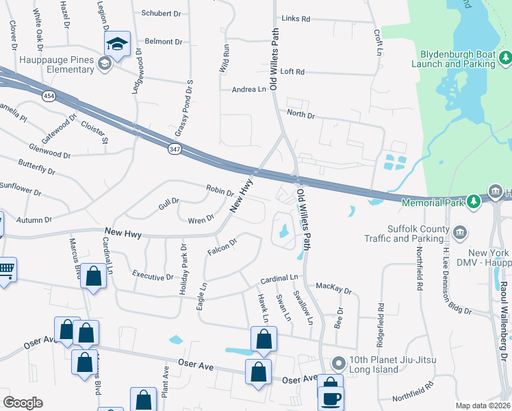 map of restaurants, bars, coffee shops, grocery stores, and more near 558 New Highway in Hauppauge