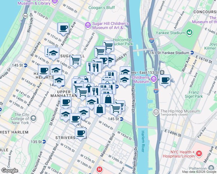 map of restaurants, bars, coffee shops, grocery stores, and more near 203 West 148th Street in New York