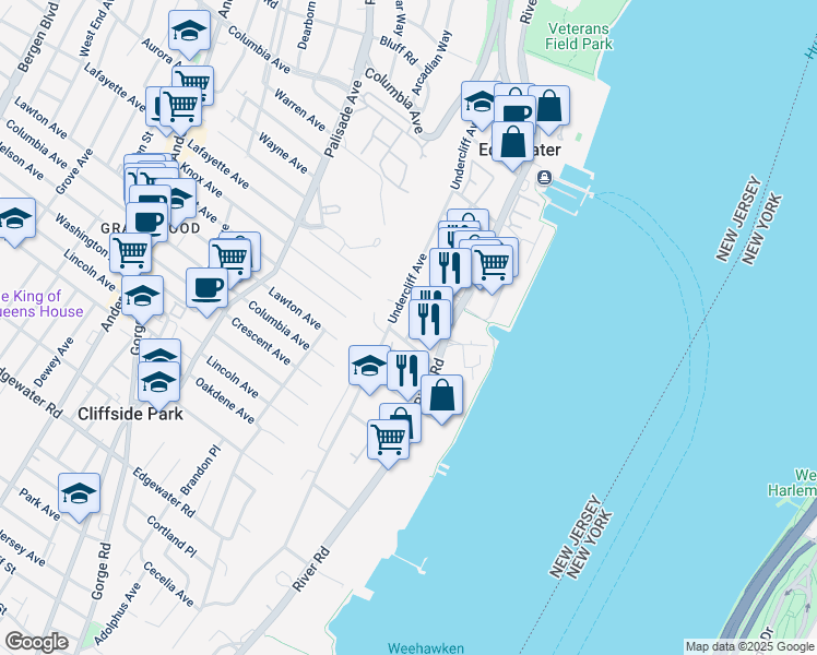 map of restaurants, bars, coffee shops, grocery stores, and more near 12 Edgewater Place in Edgewater