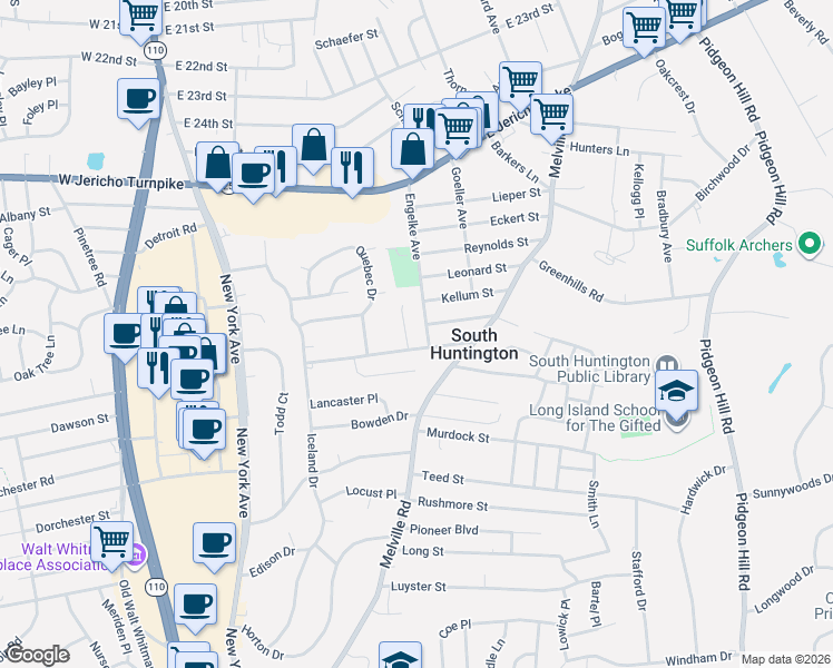 map of restaurants, bars, coffee shops, grocery stores, and more near 61 Engelke Avenue in Huntington Station