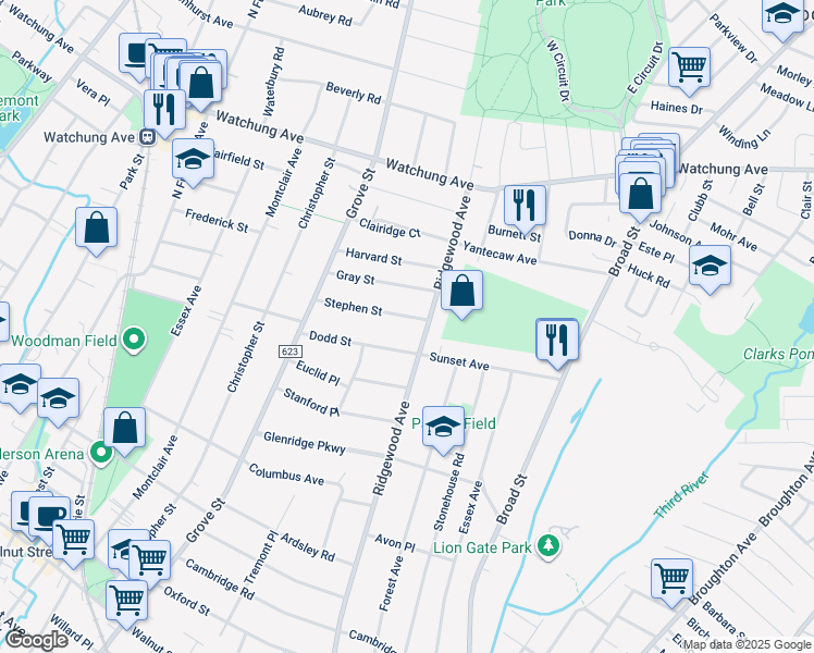 map of restaurants, bars, coffee shops, grocery stores, and more near 33 Stephen Street in Montclair