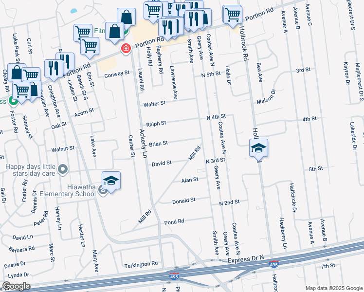 map of restaurants, bars, coffee shops, grocery stores, and more near 20 Brian Street in Holbrook