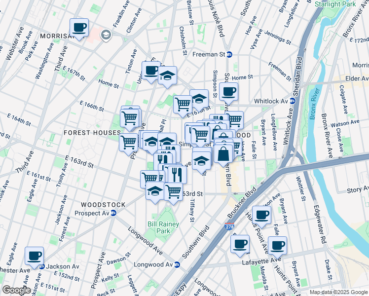 map of restaurants, bars, coffee shops, grocery stores, and more near 1021 Kelly Street in Bronx