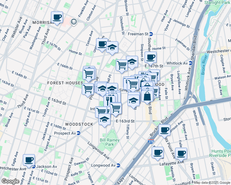 map of restaurants, bars, coffee shops, grocery stores, and more near 1021 Kelly Street in Bronx