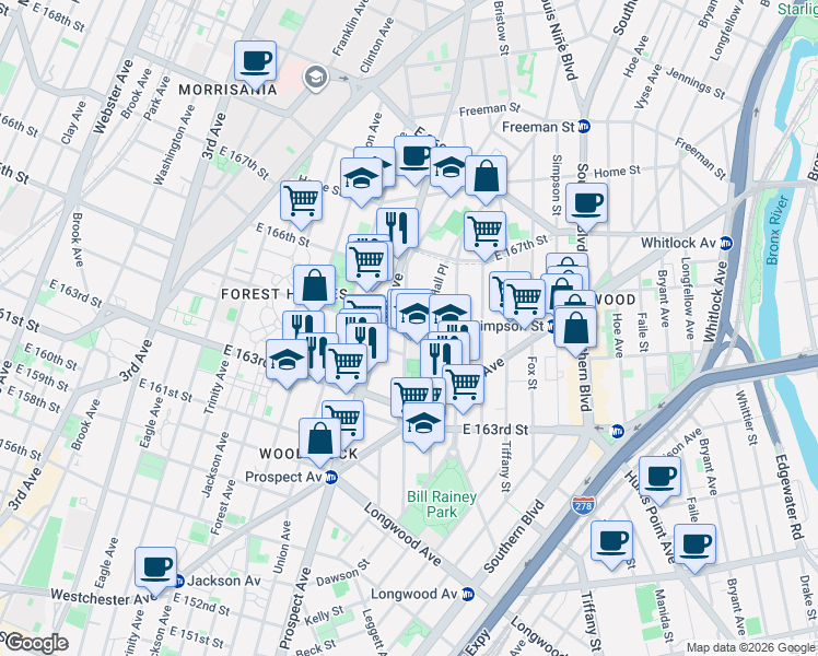 map of restaurants, bars, coffee shops, grocery stores, and more near in The Bronx