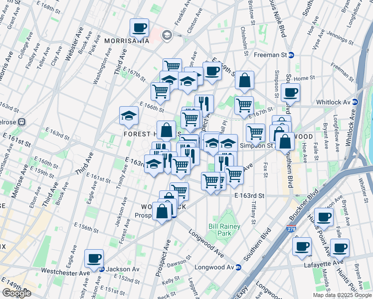 map of restaurants, bars, coffee shops, grocery stores, and more near in The Bronx