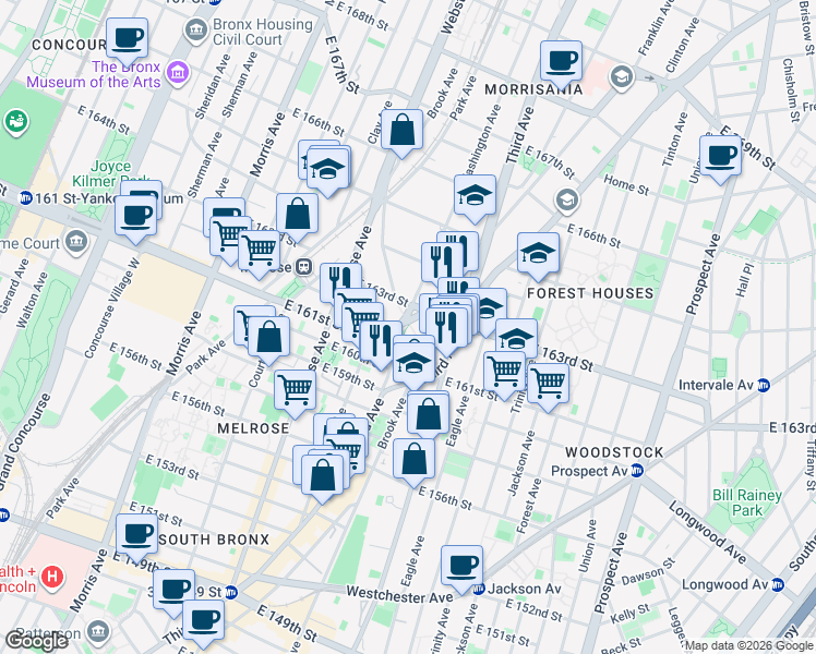 map of restaurants, bars, coffee shops, grocery stores, and more near 911 Brook Avenue in Bronx