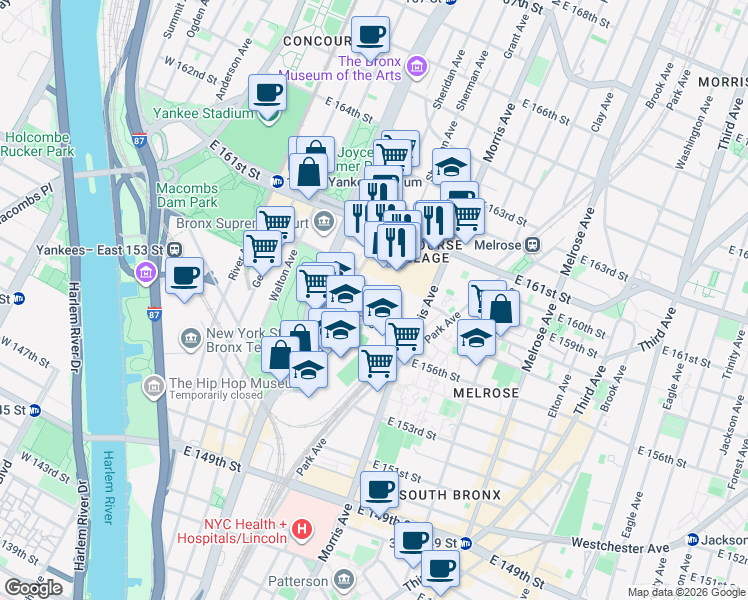 map of restaurants, bars, coffee shops, grocery stores, and more near 790 Concourse Village West in Bronx