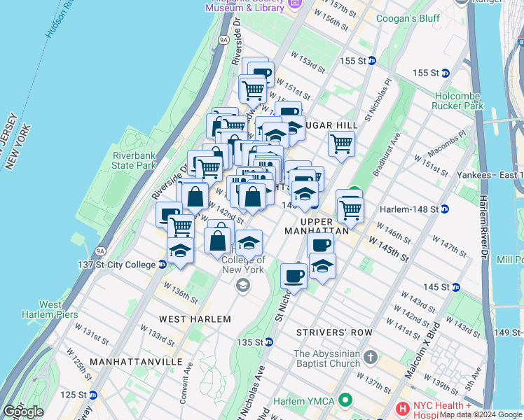 map of restaurants, bars, coffee shops, grocery stores, and more near 130 Hamilton Place in New York