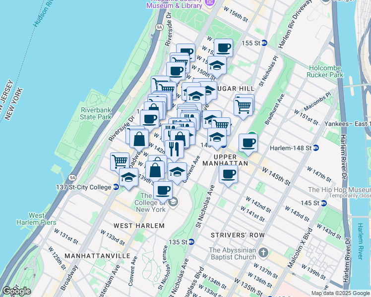 map of restaurants, bars, coffee shops, grocery stores, and more near 130 Hamilton Place in New York