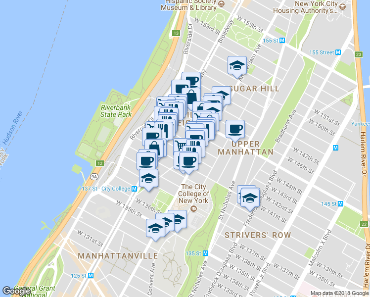map of restaurants, bars, coffee shops, grocery stores, and more near 511 West 142nd Street in New York