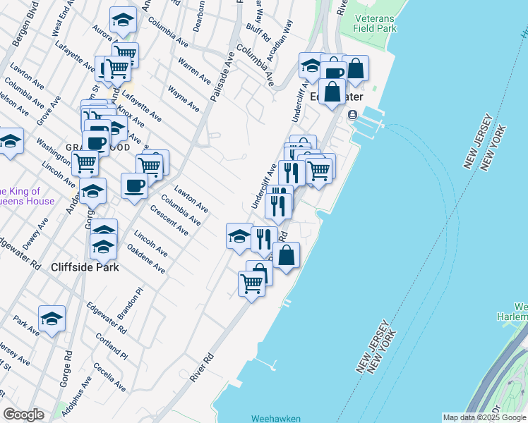 map of restaurants, bars, coffee shops, grocery stores, and more near 12 Edgewater Place in Edgewater