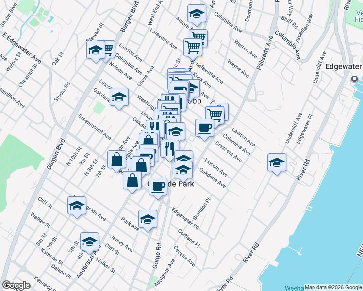 map of restaurants, bars, coffee shops, grocery stores, and more near in Cliffside Park
