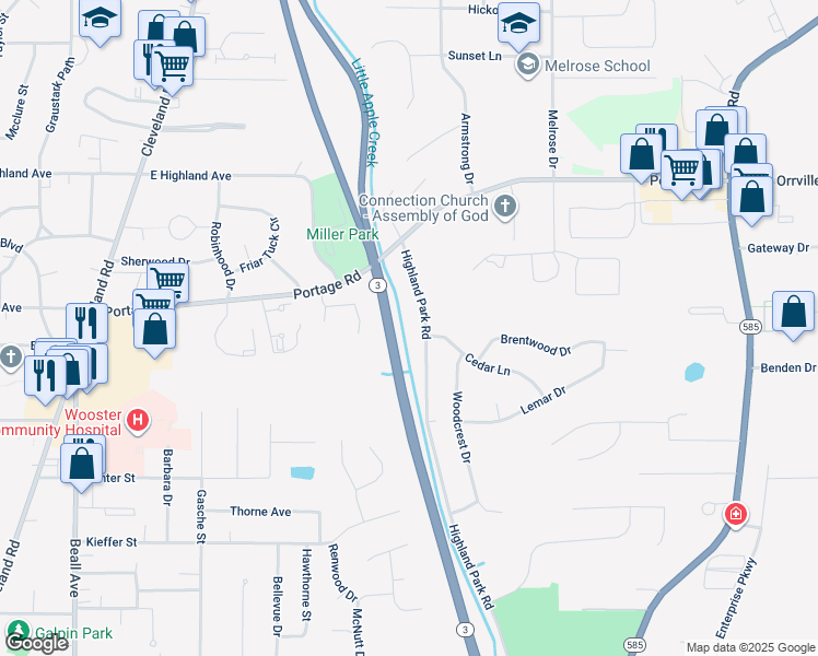 map of restaurants, bars, coffee shops, grocery stores, and more near 1918 Highland Park Road in Wooster