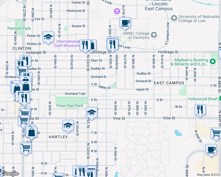 map of restaurants, bars, coffee shops, grocery stores, and more near 3541 Apple Street in Lincoln