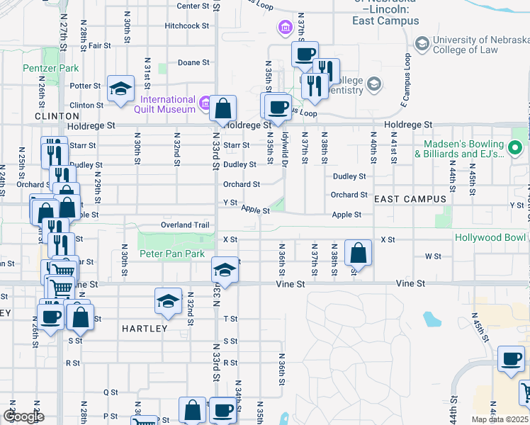 map of restaurants, bars, coffee shops, grocery stores, and more near 1045 North 35th Street in Lincoln