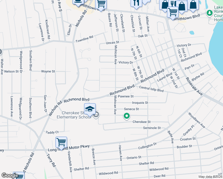 map of restaurants, bars, coffee shops, grocery stores, and more near 144 Dakota Street in Ronkonkoma