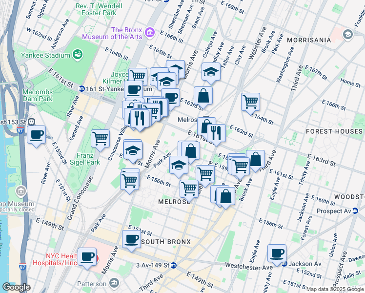 map of restaurants, bars, coffee shops, grocery stores, and more near 3140 Park Avenue in The Bronx