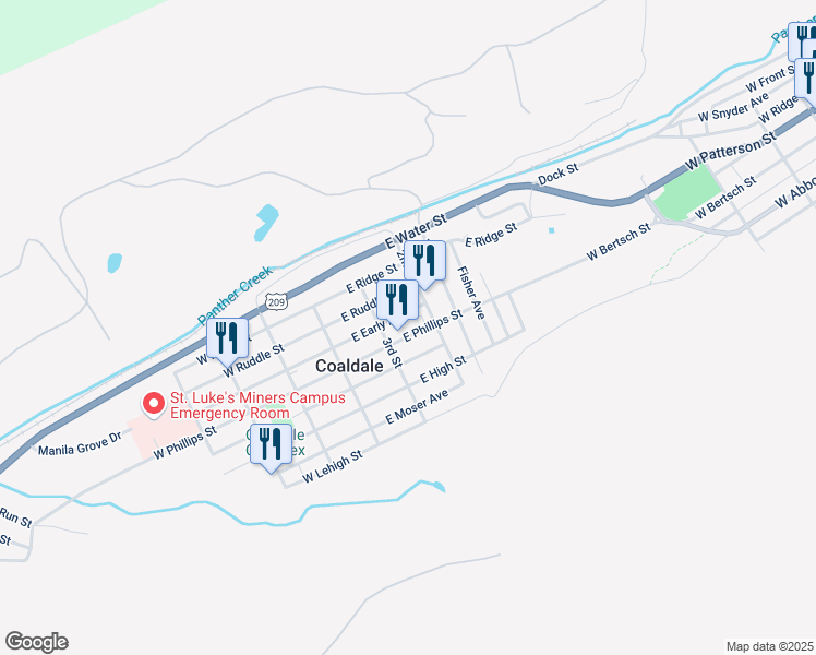 map of restaurants, bars, coffee shops, grocery stores, and more near 125 E Phillips St in Coaldale