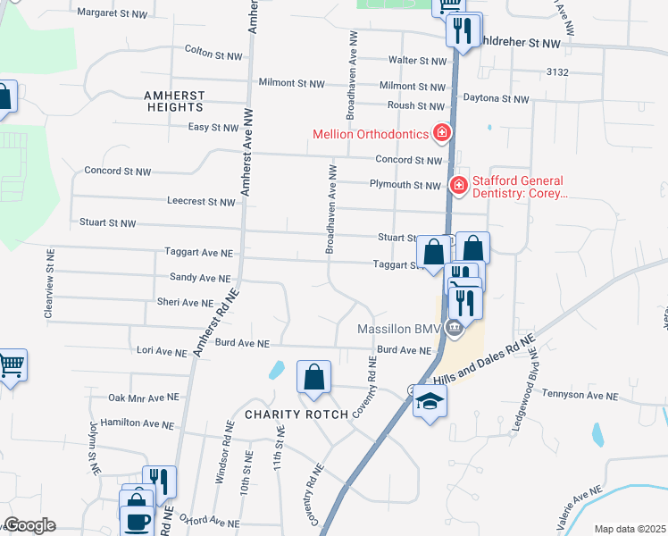 map of restaurants, bars, coffee shops, grocery stores, and more near 1205 Taggart Street Northwest in Massillon