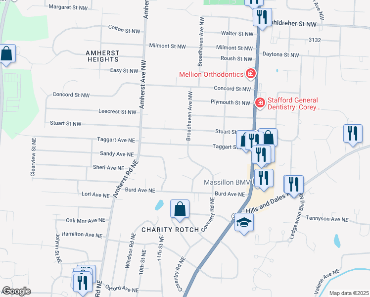 map of restaurants, bars, coffee shops, grocery stores, and more near 1205 Taggart Street Northwest in Massillon