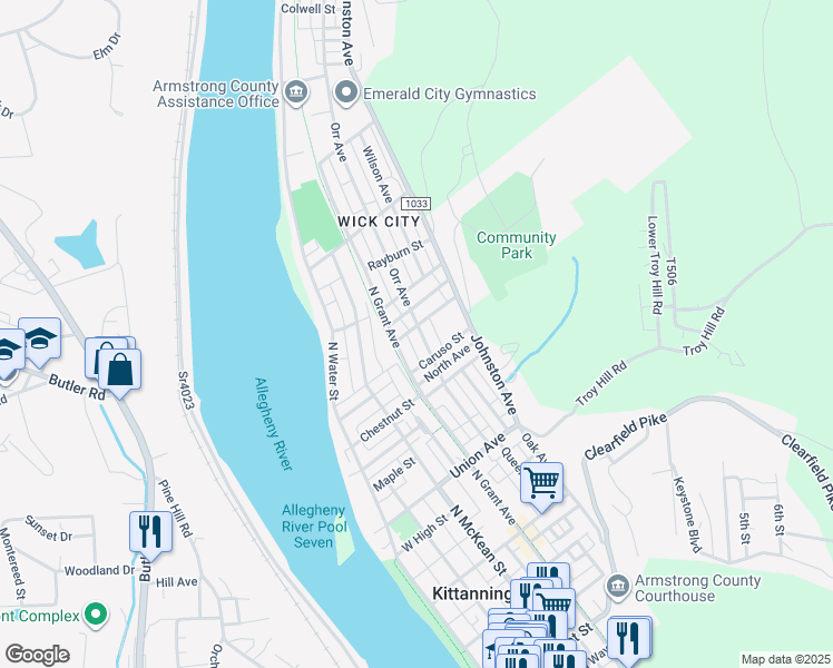 map of restaurants, bars, coffee shops, grocery stores, and more near 725 Woodward Avenue in Kittanning
