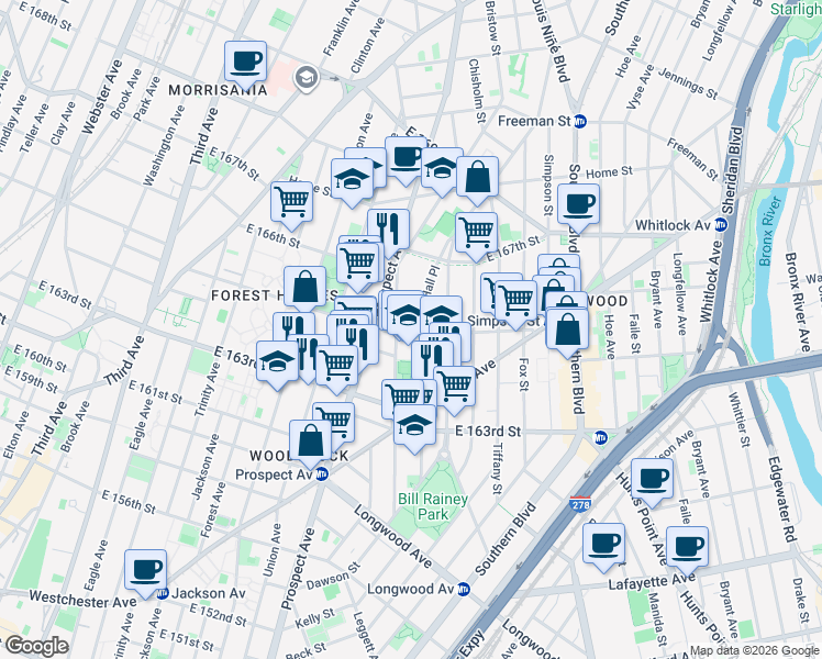 map of restaurants, bars, coffee shops, grocery stores, and more near in The Bronx