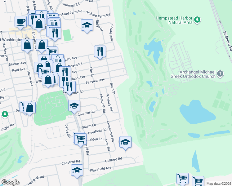 map of restaurants, bars, coffee shops, grocery stores, and more near 60 Birch Street in Port Washington