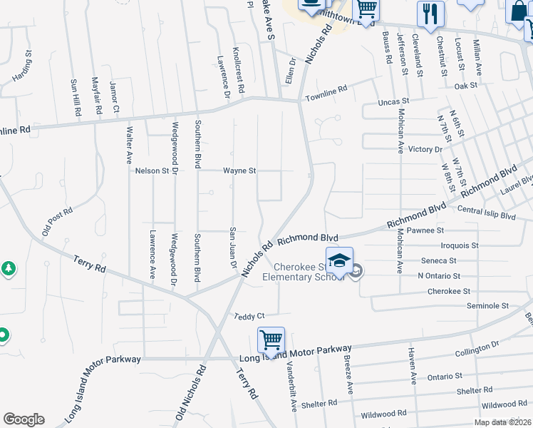 map of restaurants, bars, coffee shops, grocery stores, and more near 61 Seusing Boulevard in Hauppauge