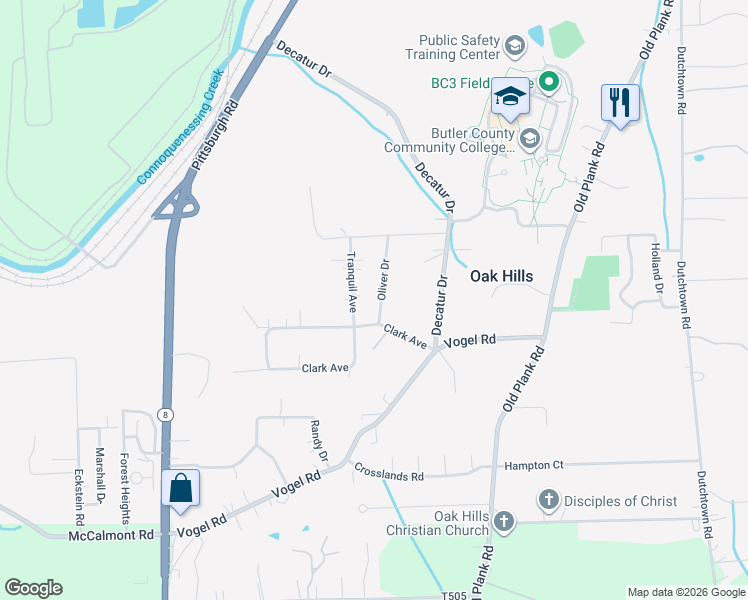 map of restaurants, bars, coffee shops, grocery stores, and more near 203 Oliver Drive in Butler