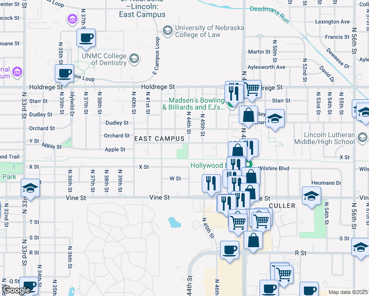 map of restaurants, bars, coffee shops, grocery stores, and more near 1039 North 44th Street in Lincoln