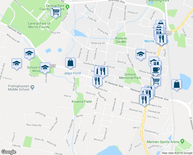 map of restaurants, bars, coffee shops, grocery stores, and more near 101 West Hanover Avenue in Morris Plains