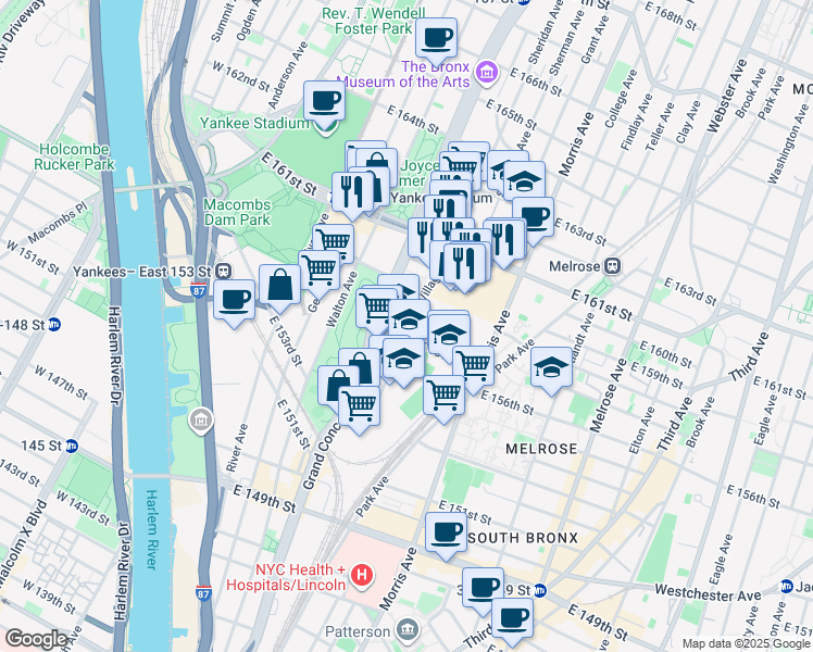 map of restaurants, bars, coffee shops, grocery stores, and more near 790 Concourse Village East in The Bronx