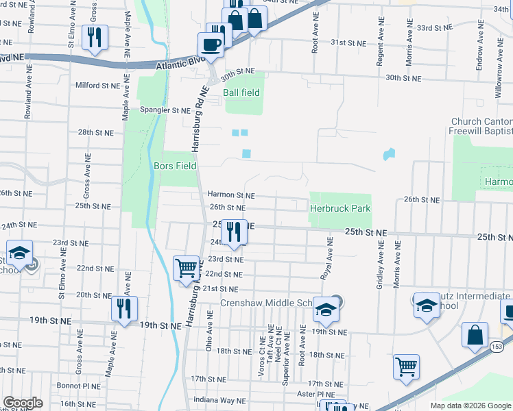 map of restaurants, bars, coffee shops, grocery stores, and more near 2301 26th Street Northeast in Canton