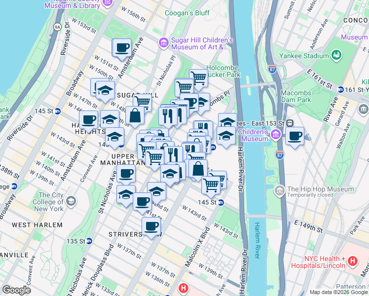 map of restaurants, bars, coffee shops, grocery stores, and more near 220 West 148th Street in New York