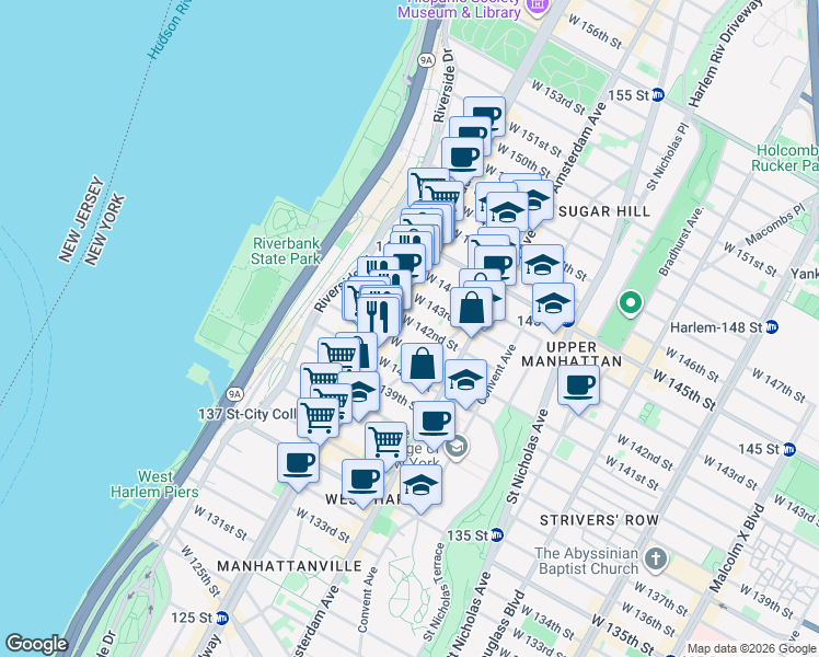 map of restaurants, bars, coffee shops, grocery stores, and more near 540 West 142nd Street in New York