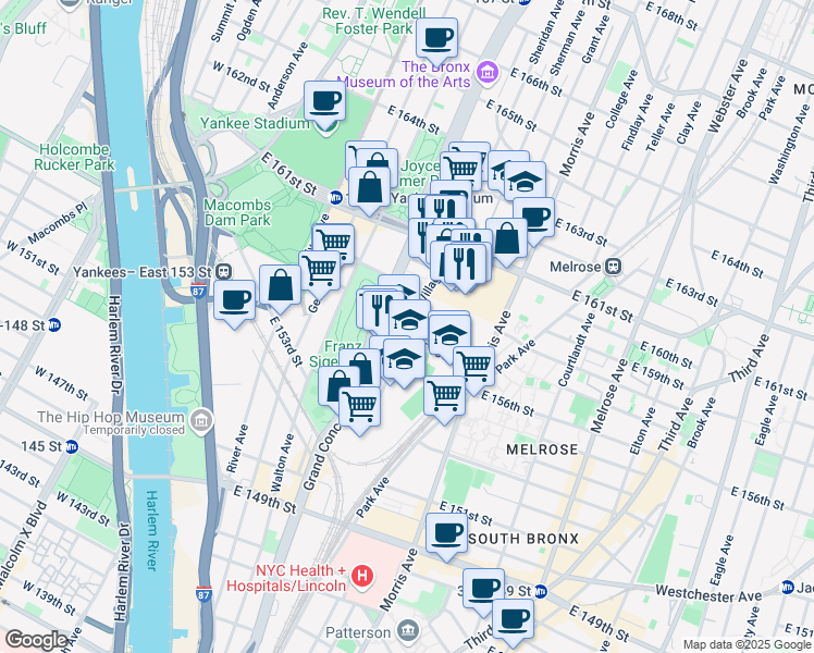 map of restaurants, bars, coffee shops, grocery stores, and more near 790 Concourse Village East in The Bronx