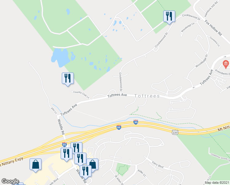 map of restaurants, bars, coffee shops, grocery stores, and more near 351 Toftrees Avenue in State College