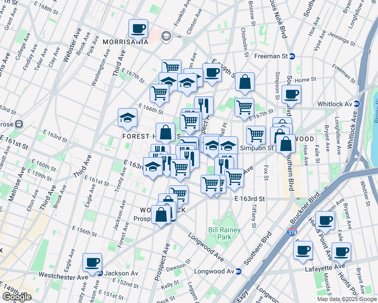 map of restaurants, bars, coffee shops, grocery stores, and more near 836 East 165th Street in Bronx