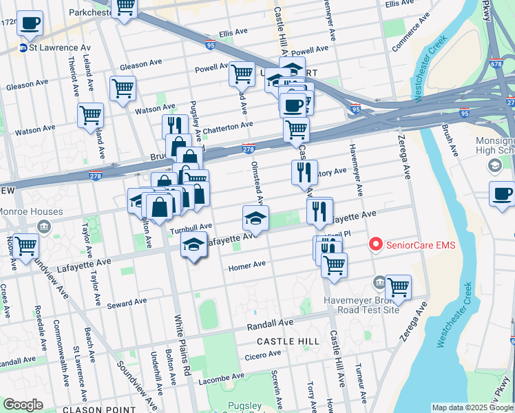 map of restaurants, bars, coffee shops, grocery stores, and more near 843 Olmstead Avenue in Bronx