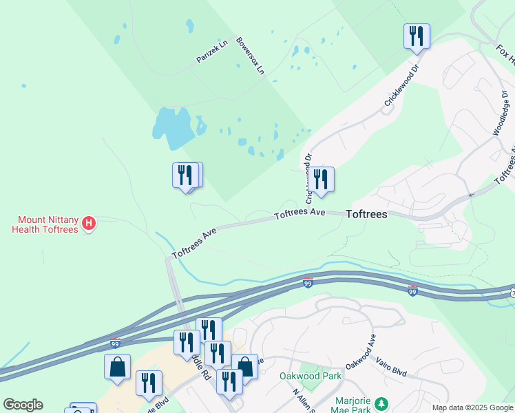 map of restaurants, bars, coffee shops, grocery stores, and more near 319 Toftrees Avenue in State College