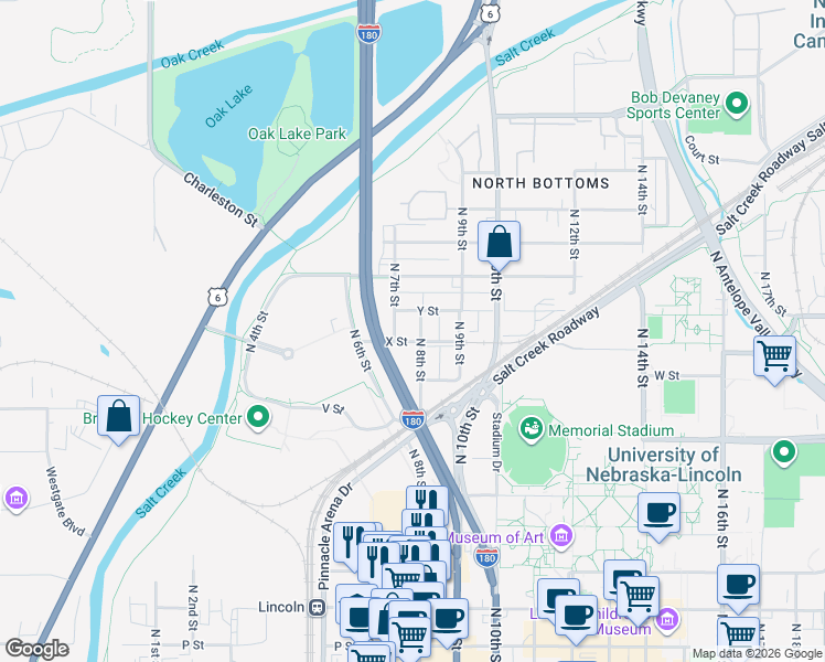 map of restaurants, bars, coffee shops, grocery stores, and more near 1010 North 7th Street in Lincoln