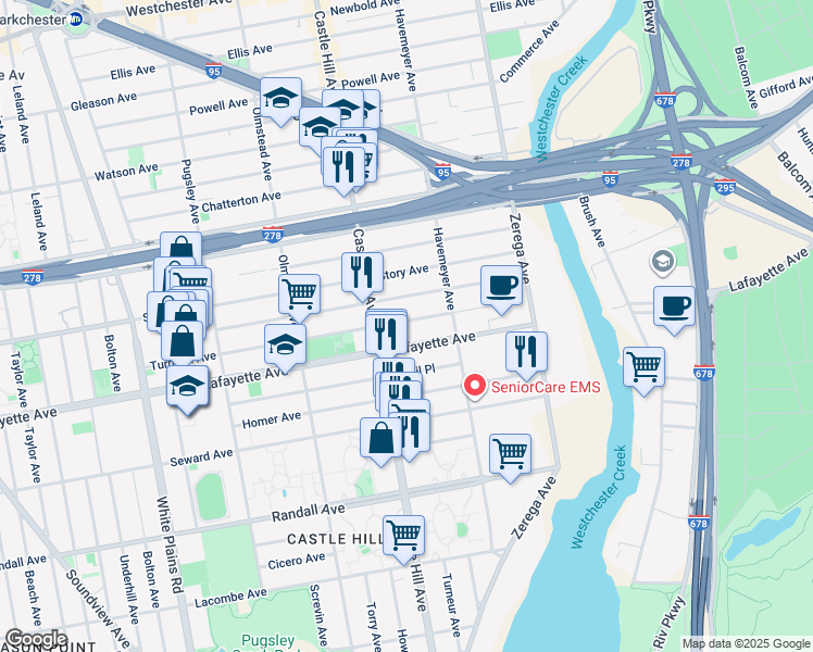 map of restaurants, bars, coffee shops, grocery stores, and more near 2226 Turnbull Avenue in Bronx