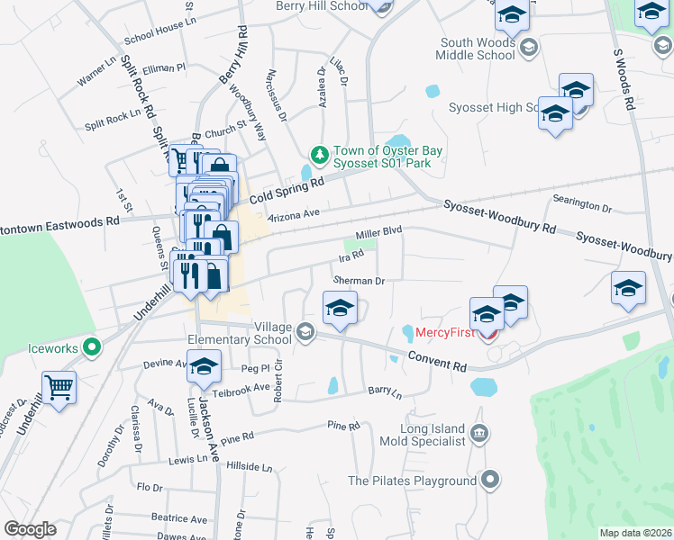 map of restaurants, bars, coffee shops, grocery stores, and more near 1 Sherman Drive in Syosset