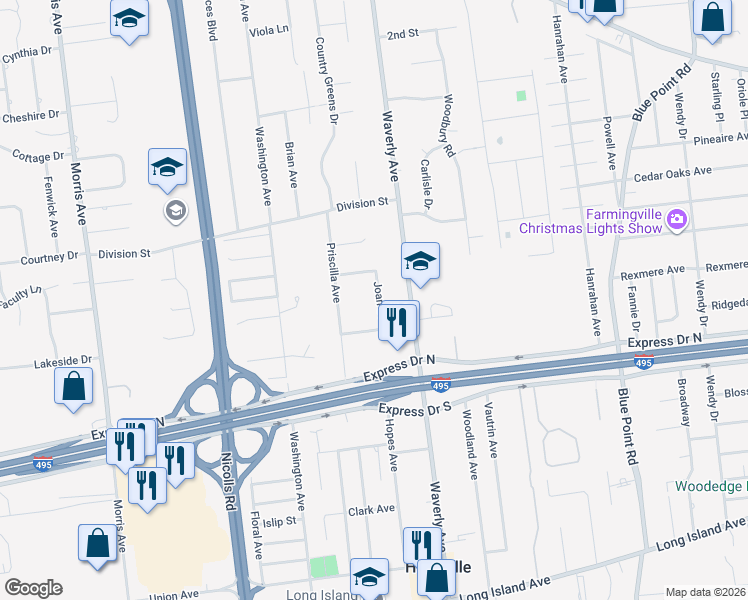 map of restaurants, bars, coffee shops, grocery stores, and more near 15 Joan Court in Holtsville