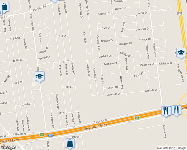 map of restaurants, bars, coffee shops, grocery stores, and more near 16 Campus Ln in Lake Ronkonkoma