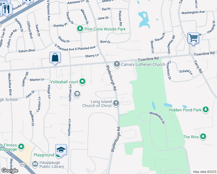 map of restaurants, bars, coffee shops, grocery stores, and more near 16 Blydenburgh Road in Hauppauge