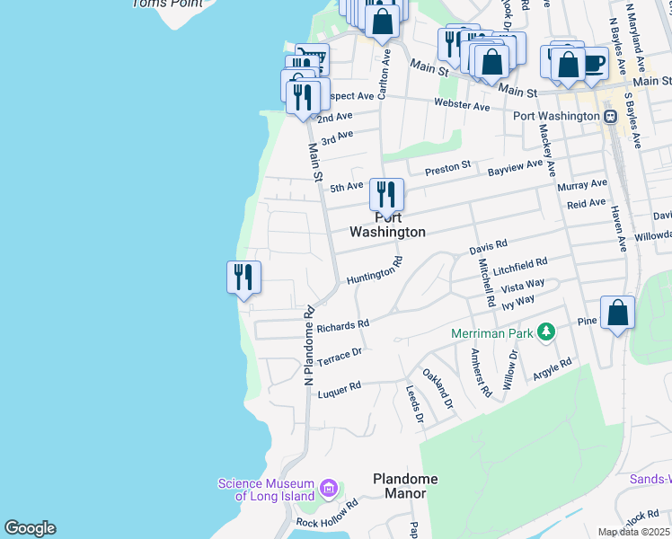 map of restaurants, bars, coffee shops, grocery stores, and more near 21 North Plandome Road in Port Washington